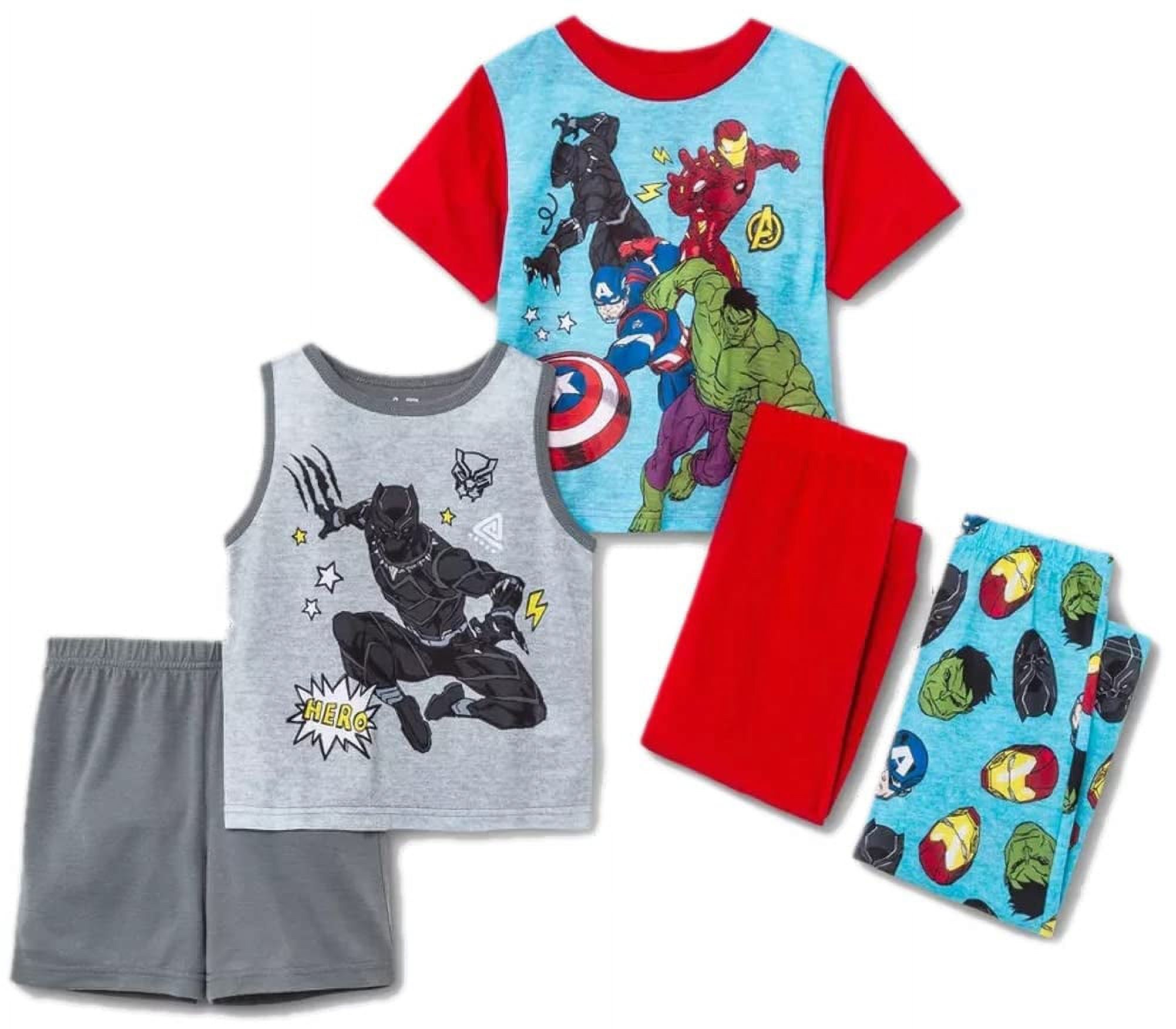 Boys' Avengers | Black Panther | Captain America | Thor | Spider-Man 4-Piece Snug-fit Cotton Pajamas Set